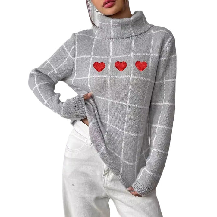 Damer rullekrave sweater med hjerte motiv og ternet design Stilla