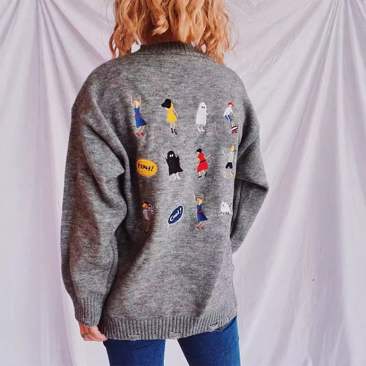Kvinders cardigan med farverigt motiv Stilla