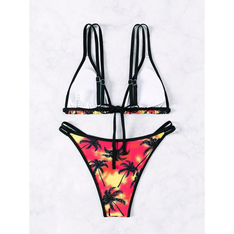 Dame Triangel-Bikini med dobbelt stropper og trendy palmeprint Skovae