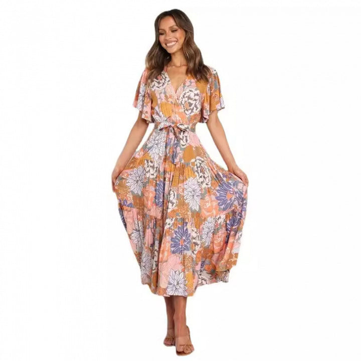Dame Floraltryk Maxi Wrap Kjole med Lagdelt Nederdel Stilla