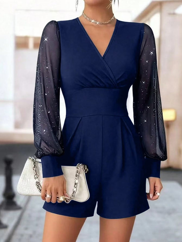 Dame elegant jumpsuit med gennemsigtige pufærmer og V-udskæring Skovae