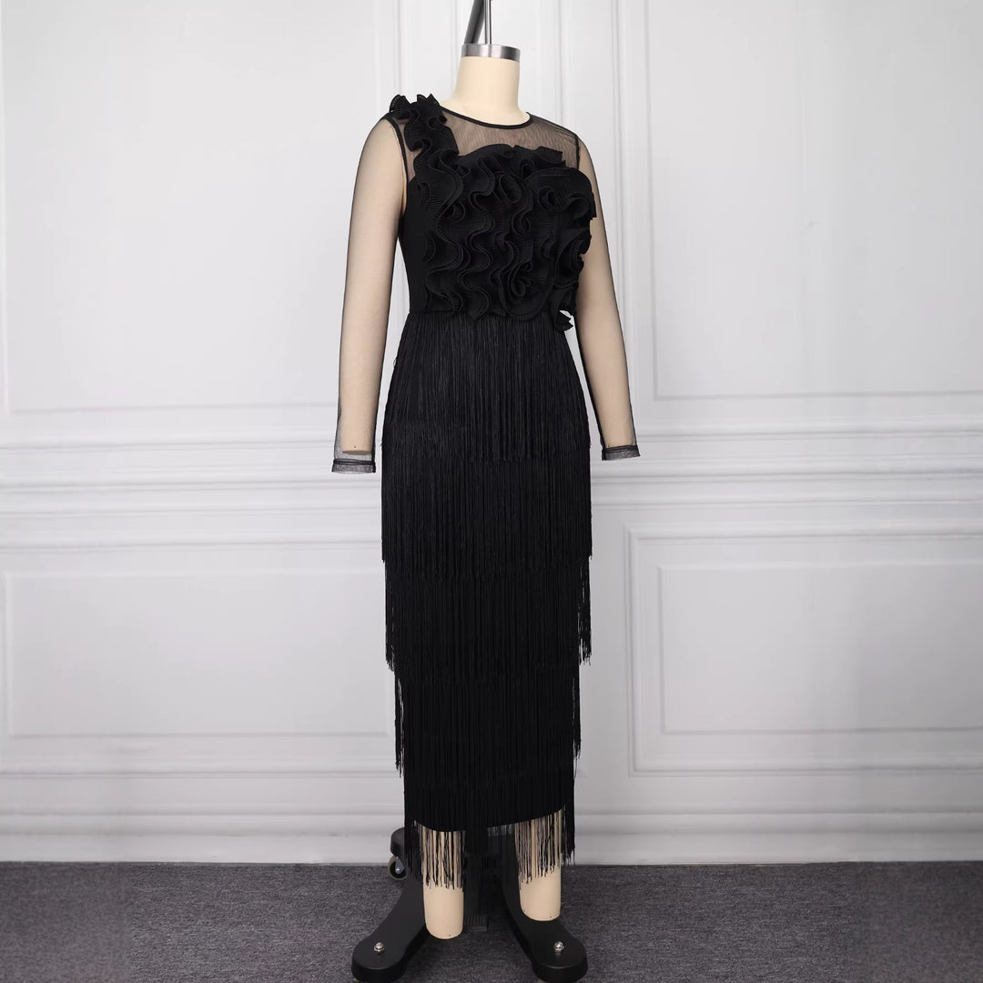 Dame elegant cocktailkjole med voluminøse ruffles detaljer og frynser Skovae