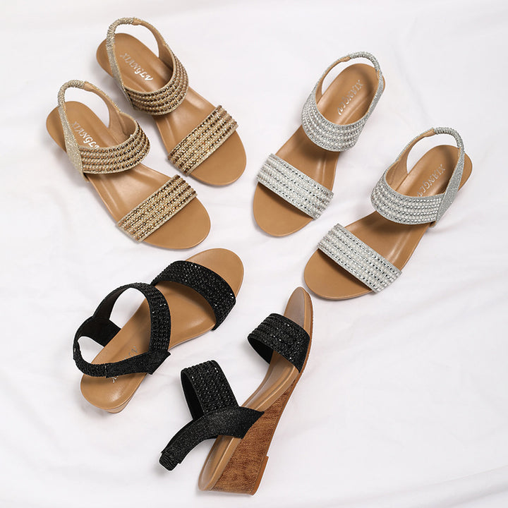 Dame Wedge-sandaler med glitrende strass dekorationer og elastiske remme Stilla