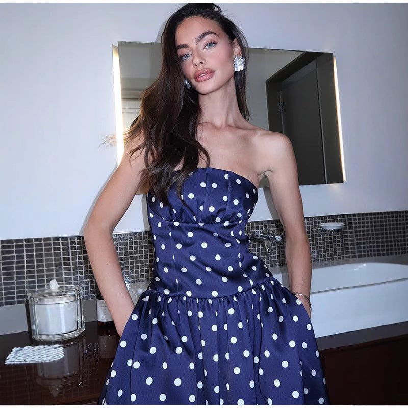 Dame elegant Midikjole med Polka-Dot mønster og taljebælte Stilla