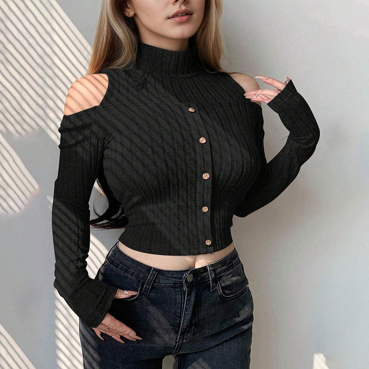 Kvindernes cropped langærmet sweater med off-shoulder detaljer og knaplukning Stilla
