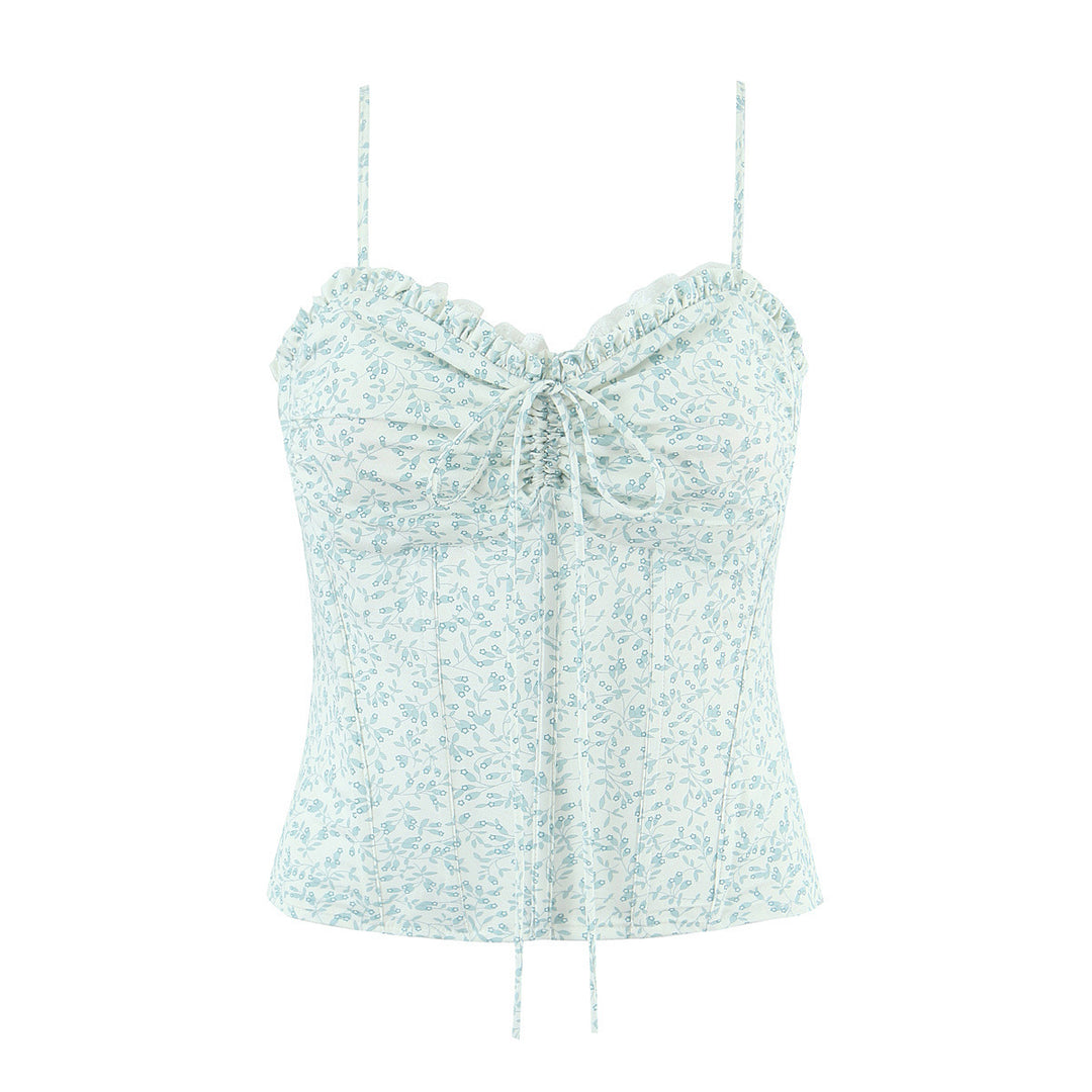 Dame blusenshirt med delikat blomsterprint og justerbare spaghetti-stropper Stilla