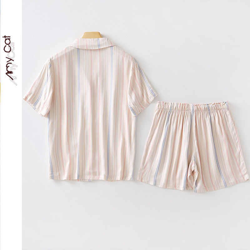 Dame Kortærmet Pyjama-Sæt med elegante striber og elastisk talje Stilla