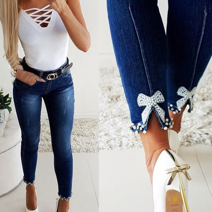 Dame Slim Fit Jeans med højt skåret talje og frynset kant Stilla