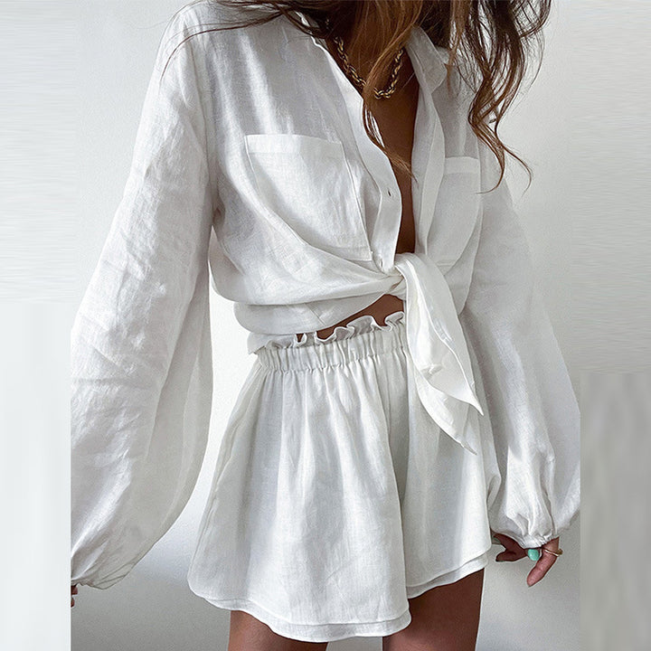 Dame linned bluse- og shorts-sæt med afslappet chic Stilla