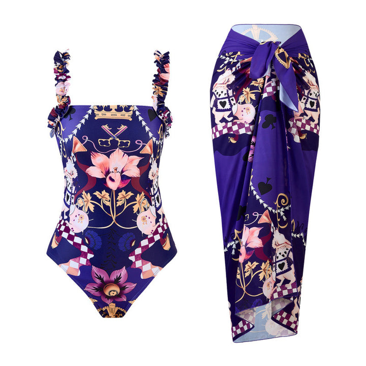 Dame one-piece bikini med legende blomsterdesign og matchende strandkjole Skovae