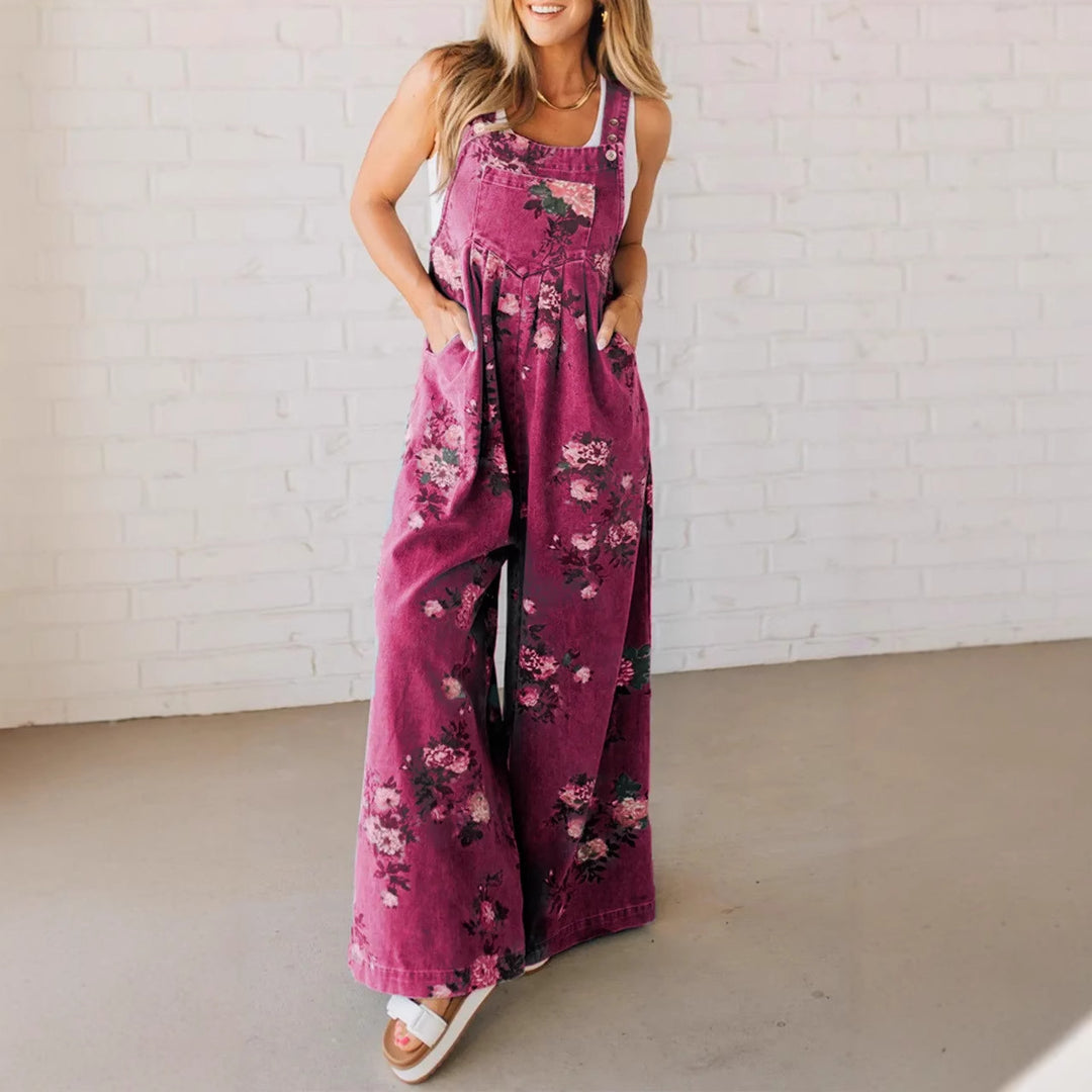 Dame bomulds-overall med blomstret print og brede ben Stilla