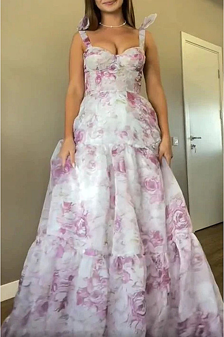 Dame Maxikjole med romantiske blomsterapplikationer og skulderfri design Stilla