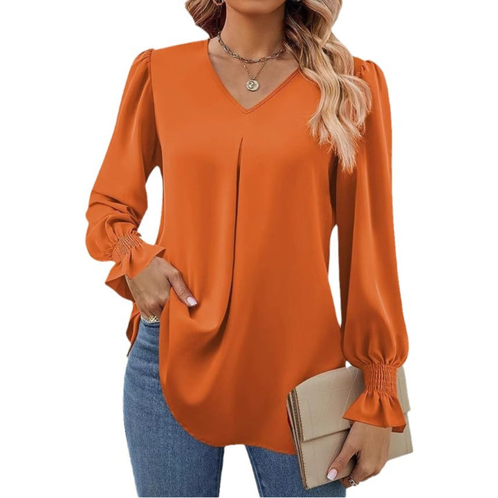 Dame Elegant Bluse med V-udskæring og Pufærmer Stilla