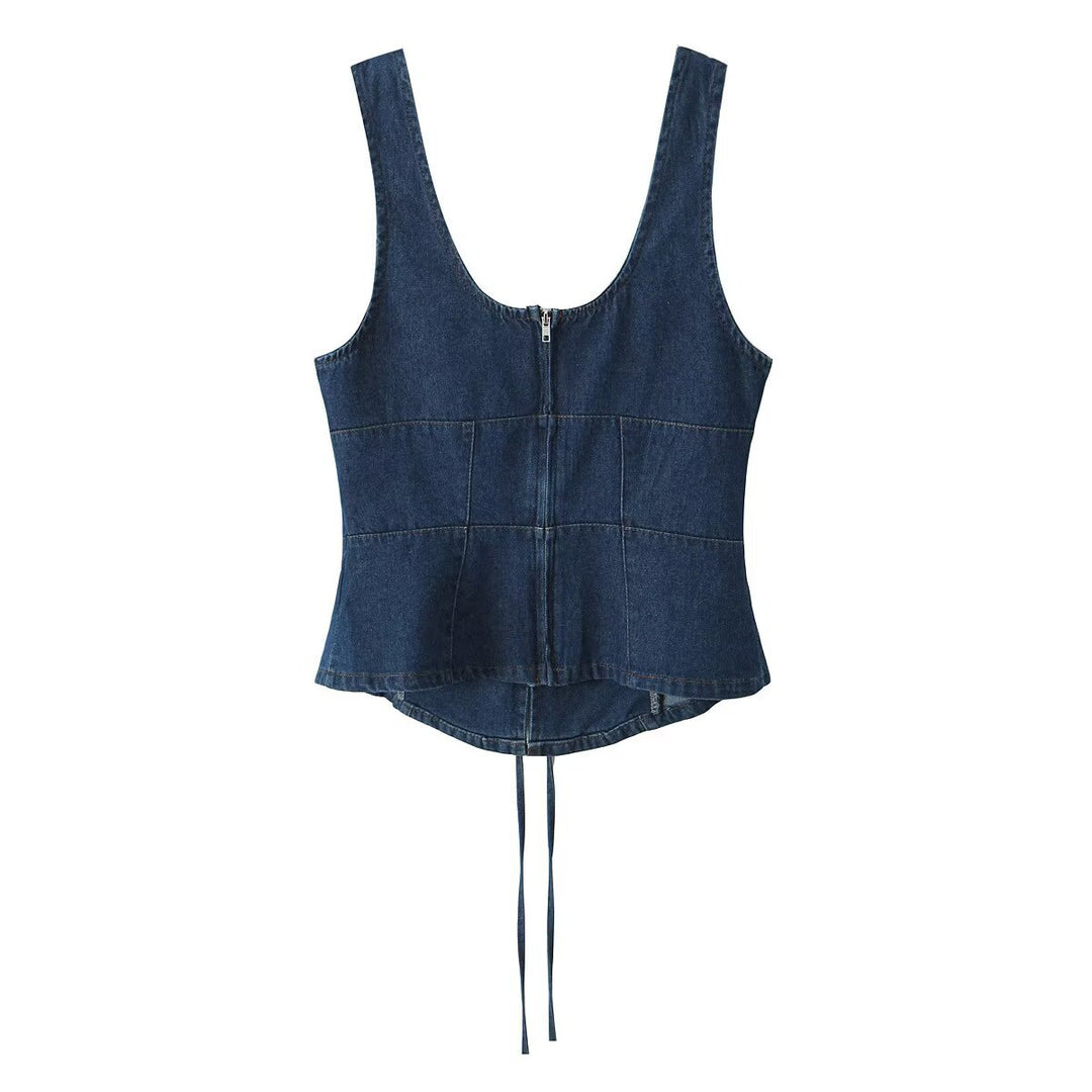 Dame afslappet denim-overdel med snøring og figursyet snit Stilla