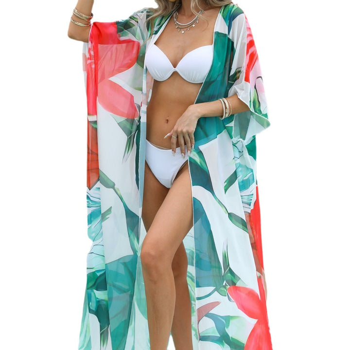 Dame lækker strandkimono med blomstermotiver og vide ærmer Stilla