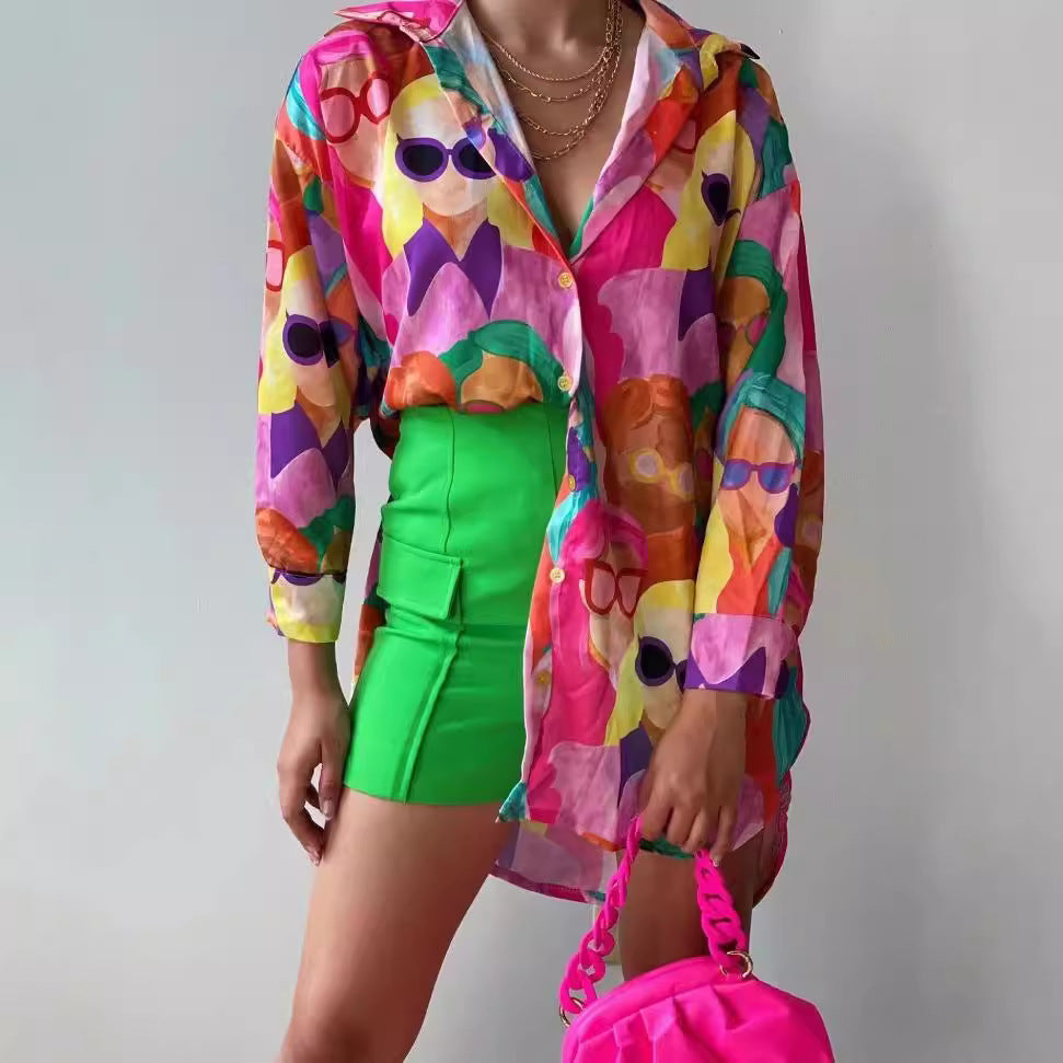 Dame Oversized Bluse med farverige illustrationer Stilla