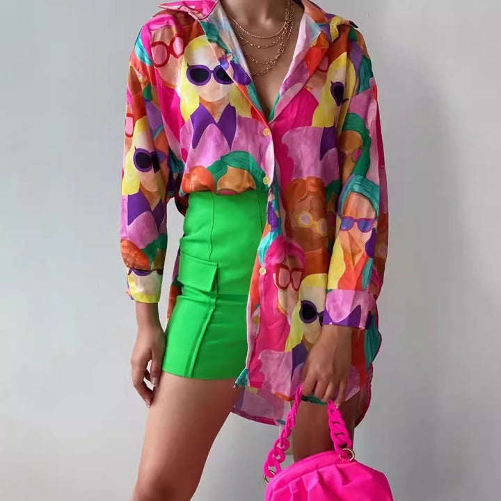 Dame Oversized Bluse med farverige illustrationer Stilla