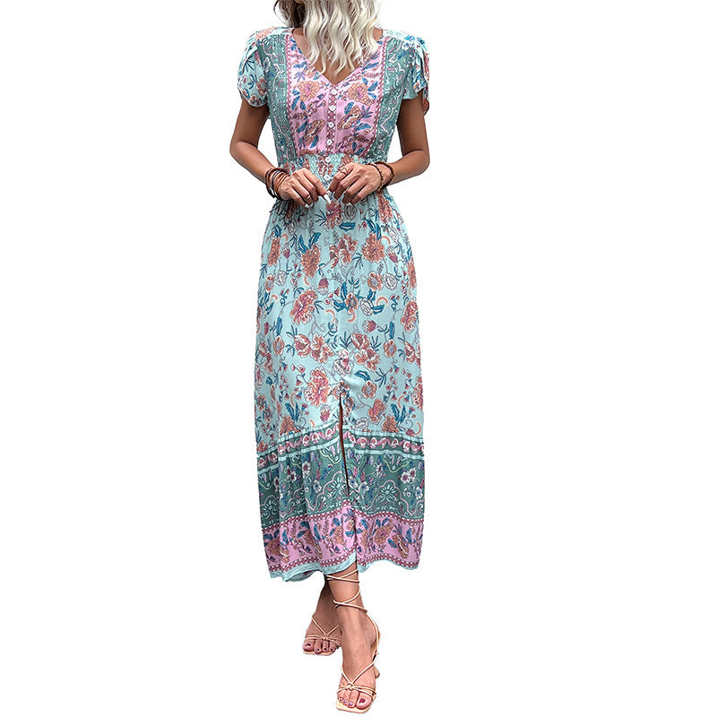 Dame Floral Maxi Kjole med rynket rem Stilla