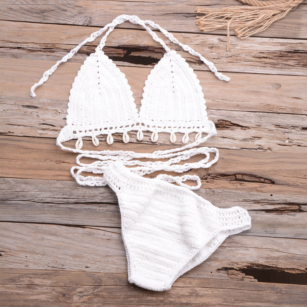 Damehækle-bikini-sæt med muslingeforzieringer og fint strukturmønster Stilla