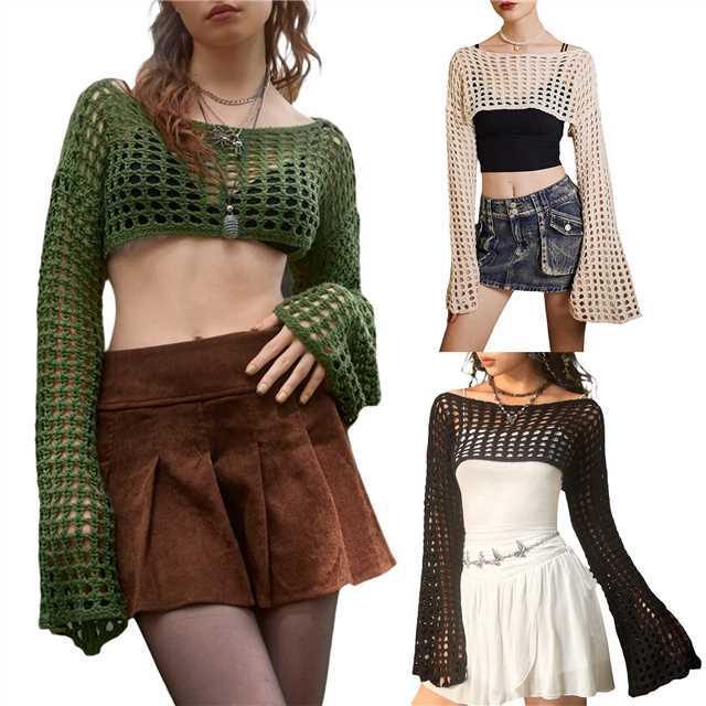 Damer luftig hæklede crop-top med lange ærmer Skovae