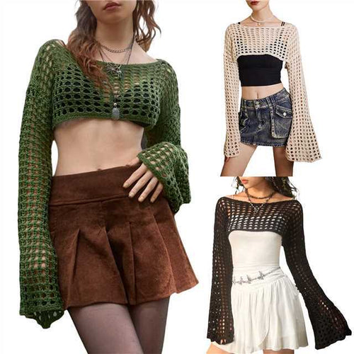 Damer luftig hæklede crop-top med lange ærmer Skovae