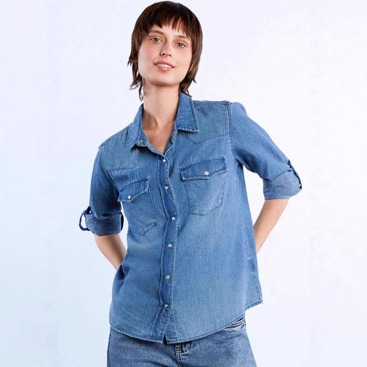Dame afslappet Denim-bluse med påsatte lommer og let figursyet snit Skovae