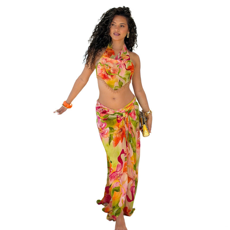Damen florales Wickelkleid mit glamourösen Fransen und tiefem V-Ausschnitt Skovae