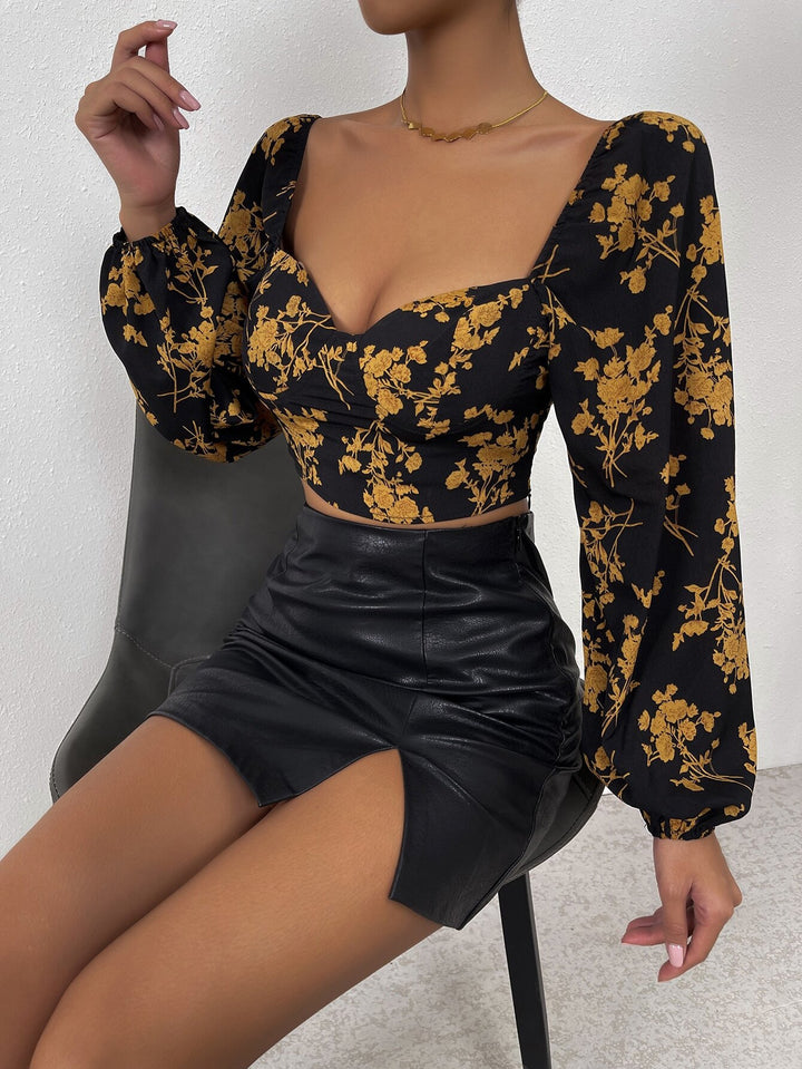 Dame Crop Top med blomstertryk og elegant pufærme Stilla