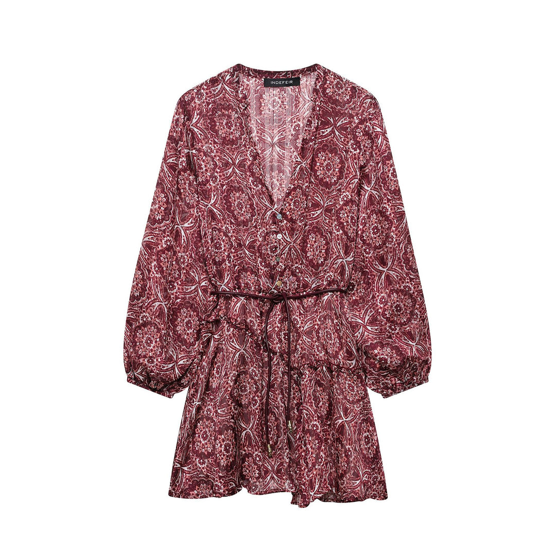 Dame Floral Print V-hals Kjole med Gummibånd Talje Stilla