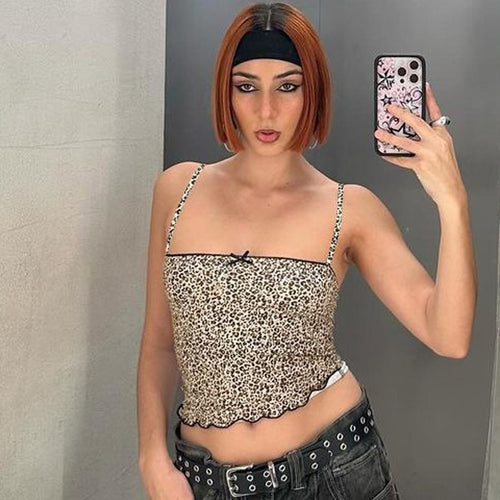 Dame Cropped Top med legende dyreprint og delikate spaghetti-stropper Stilla