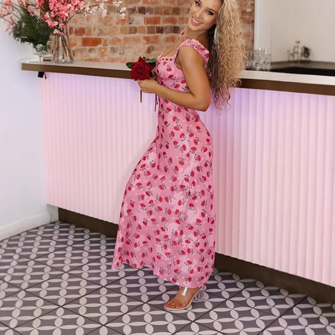 Dame maxikjole med blomsterdesign og skulderfri rynkning Stilla