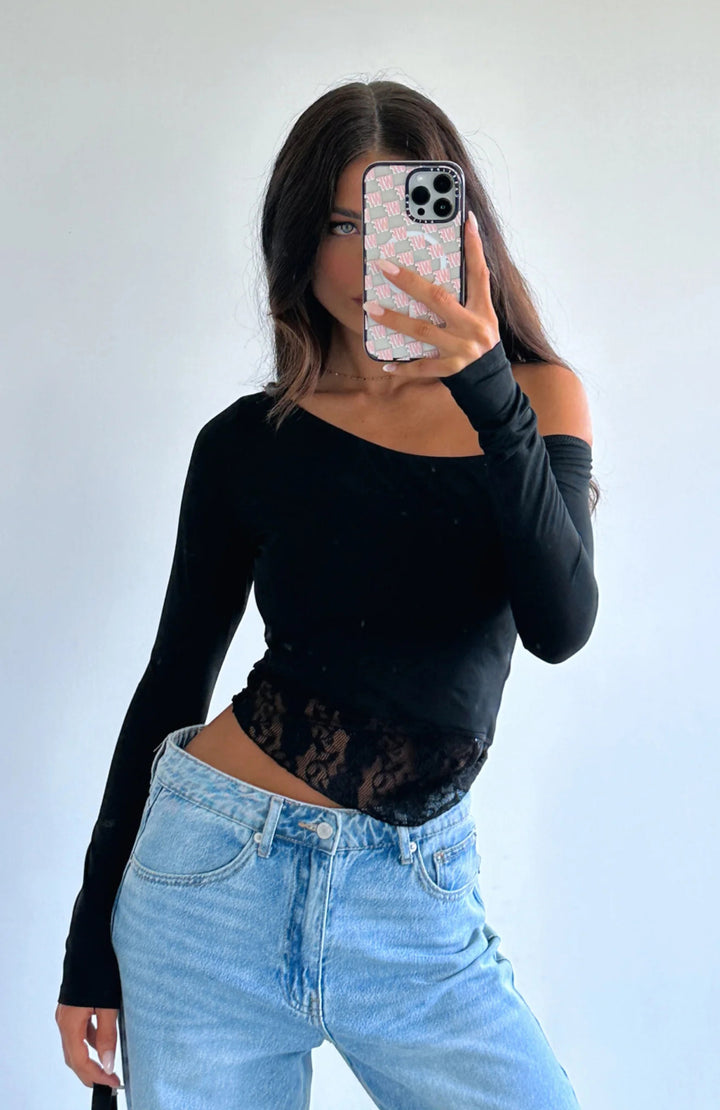 Dame Off-Shoulder Langeærmet T-shirt med Blonder Stilla