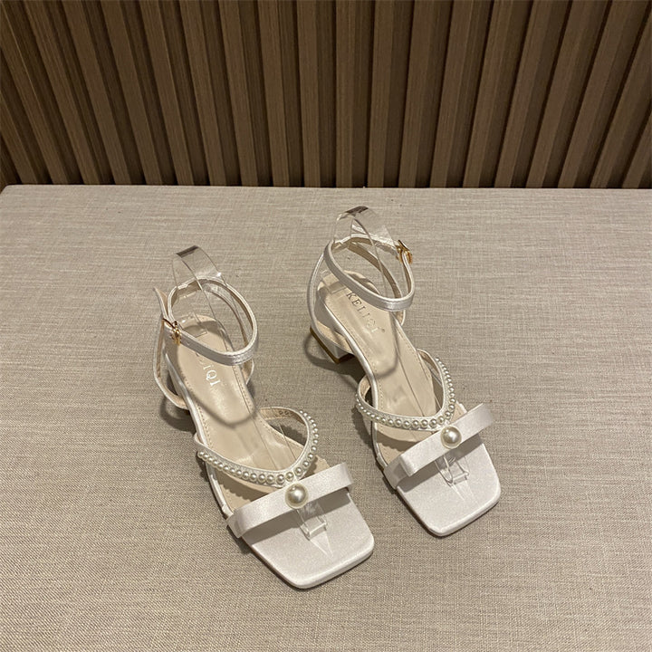 Femme Elegante Open-Toe Blokhæl Sandaler med Perle Detaljer Stilla