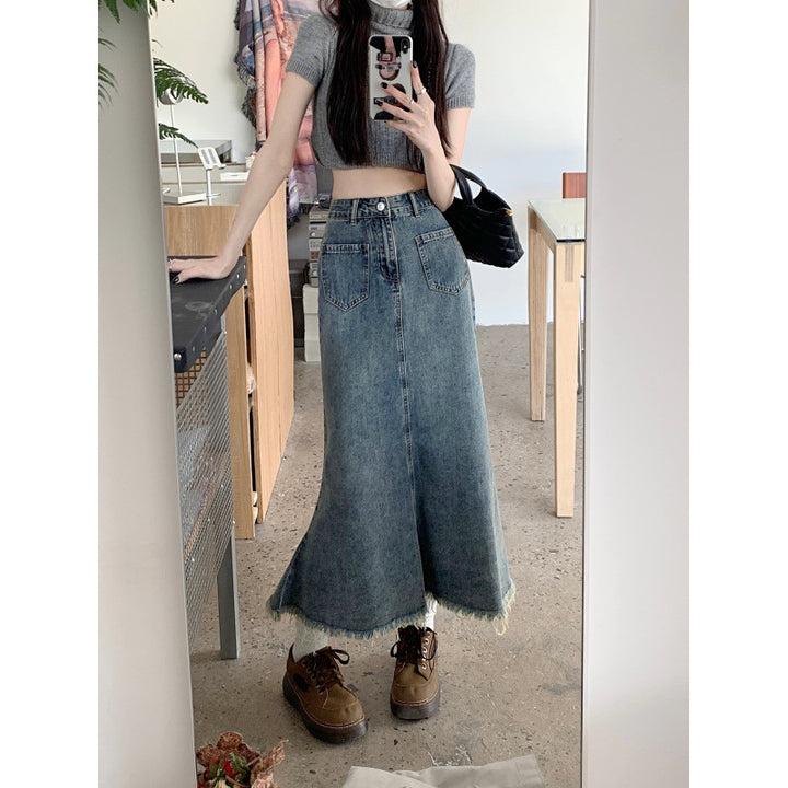 Kvindernes Lange Denim Nederdel med Flosset Kant Stilla