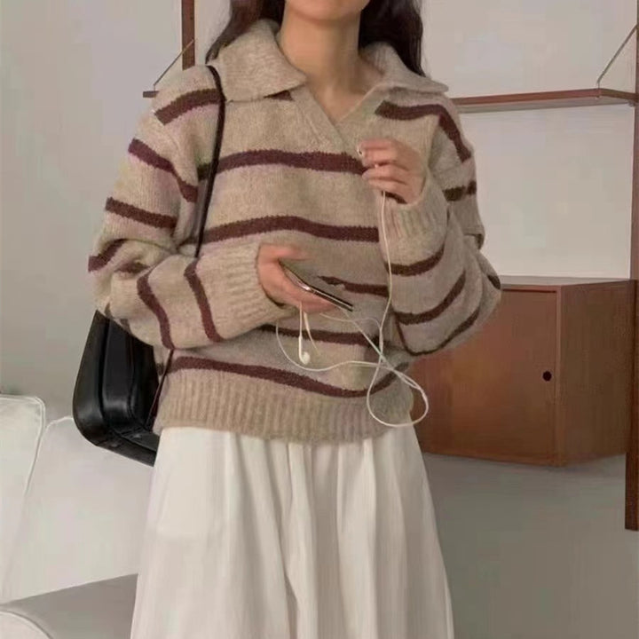 Kvinder Elegant Sweater med Stribet Mønster og Krave Stilla