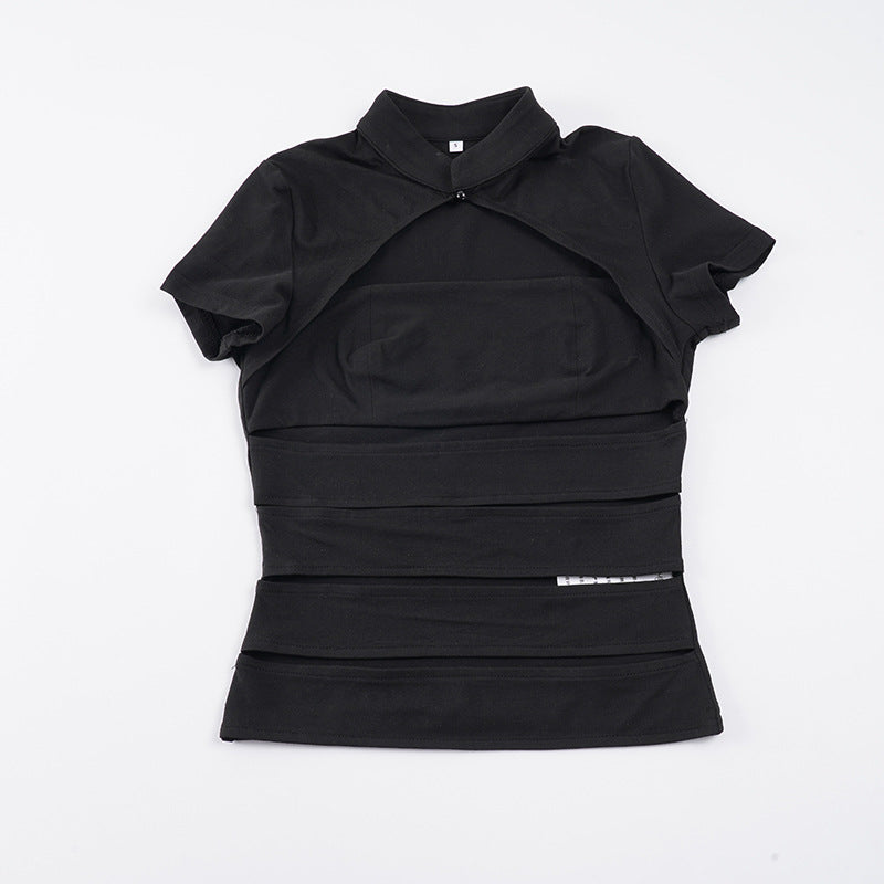 Dame Cropped Blusenshirt lavet af slidstærkt strækmateriale med elegant ståkrave Skovae
