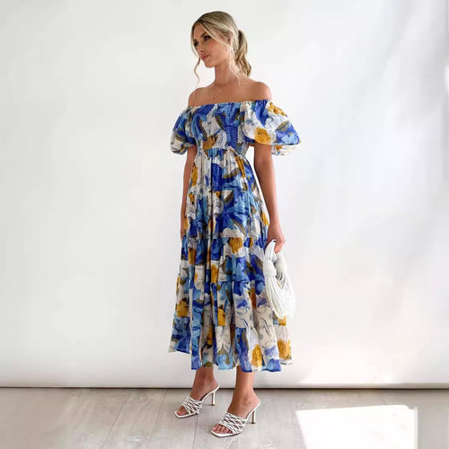 Dame Maxikjole med voluminøse puffærmer og florale detaljer Stilla