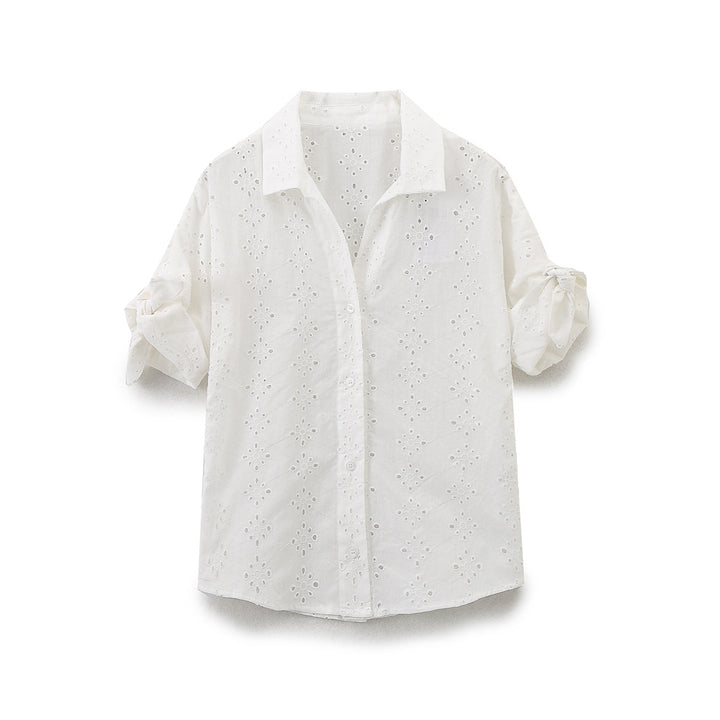 Femme Eyelet Detalje Knap-Op Bluse Stilla
