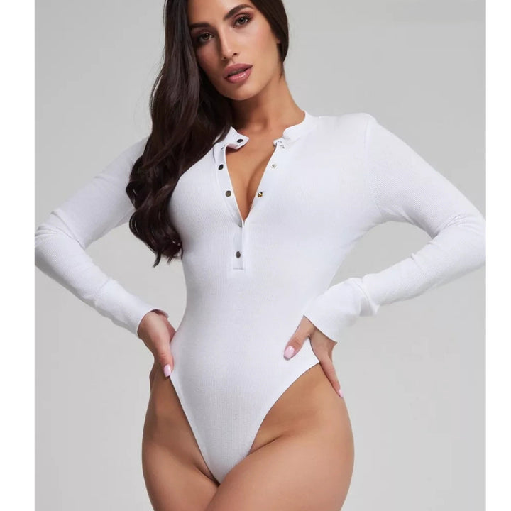 Dame langærmet bodysuit med knapdetaljer og dyb udskæring Stilla
