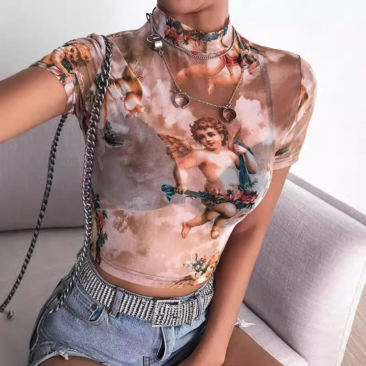 Dame Højhalset Crop-top med romantiske Engelmotiver Skovae