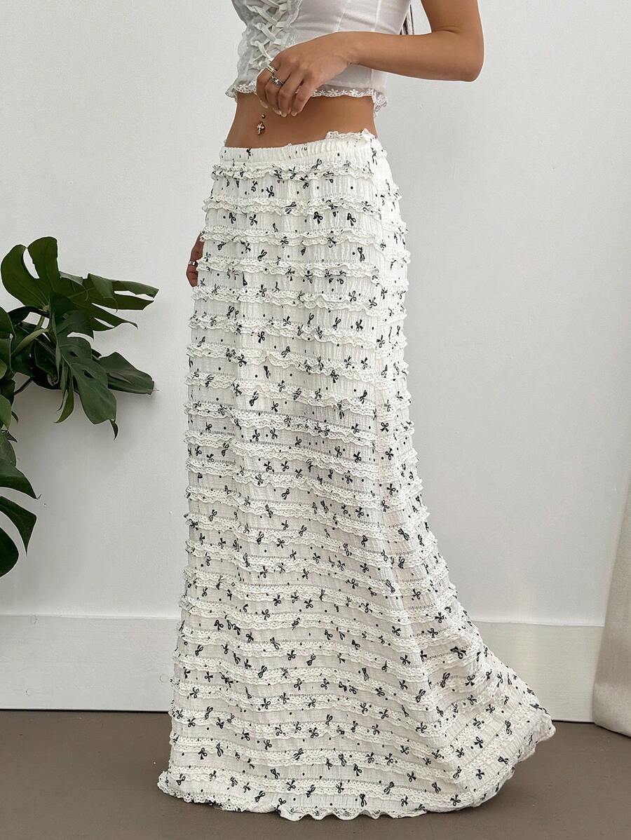 Dame Maxiskørt med struktureret design og blomsterbroderier Stilla