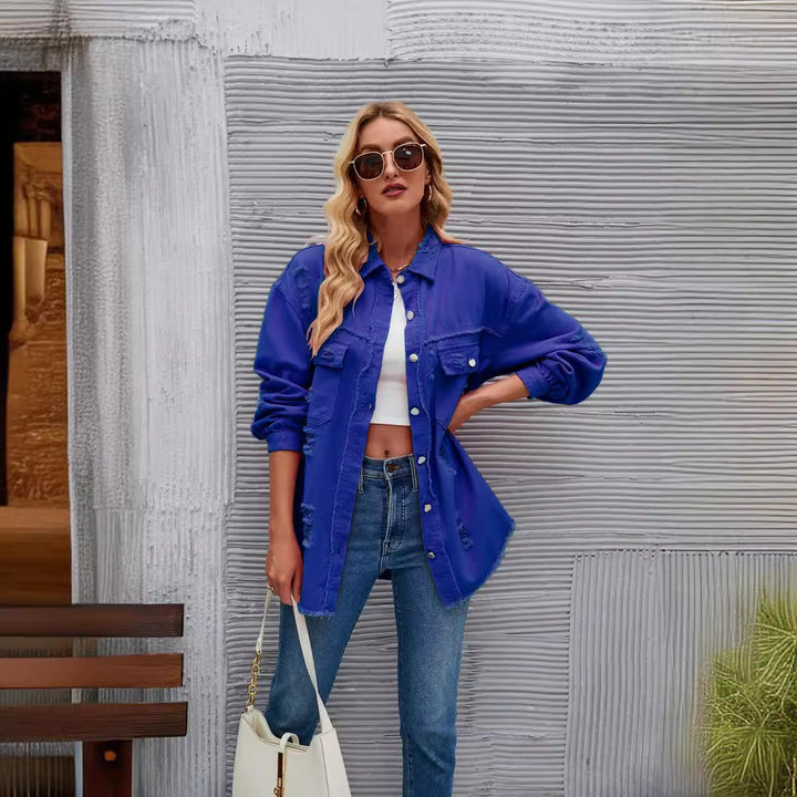 Dame Oversized Denim-Skjortejakke med frynse-detaljer Stilla