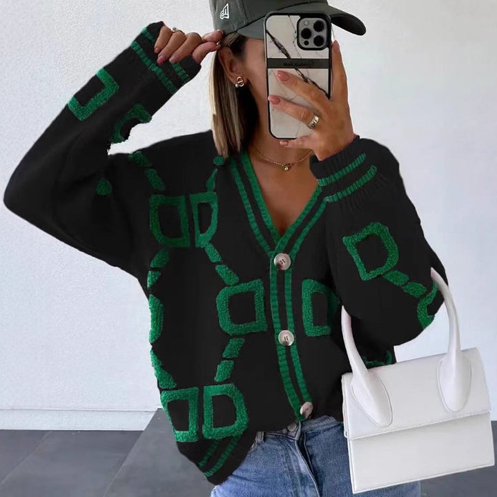 Kvinders stilfulde cardigan med unikt geometrisk mønster og trendy knapstolpe Stilla