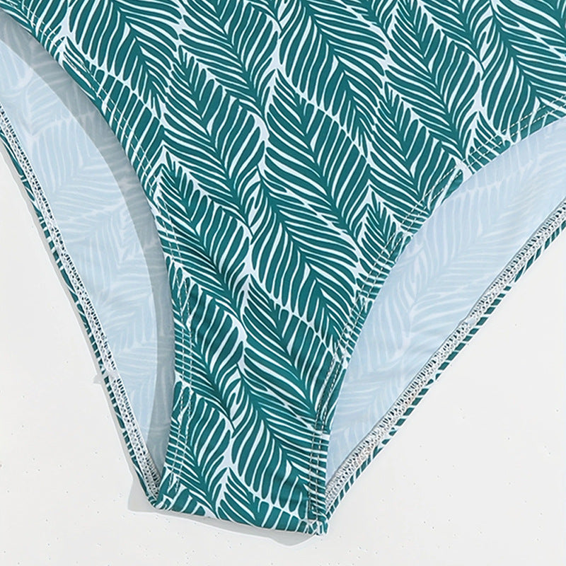 Dame Bikini-sæt med asymmetrisk top og tropisk palmebladsmønster Stilla