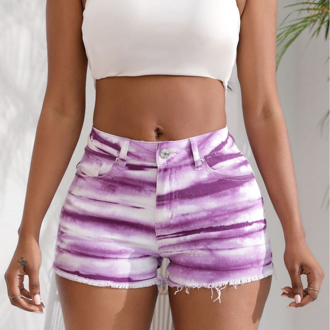 Dame højtaljerede tie-dye shorts i afslappet skæring og franje kant Stilla