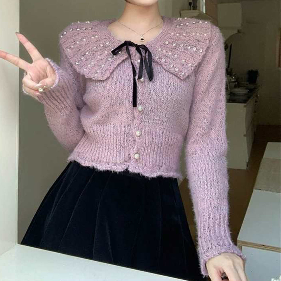 Damer Elegant Strik Top med Ruflet Krave og Dekorative Perler Stilla