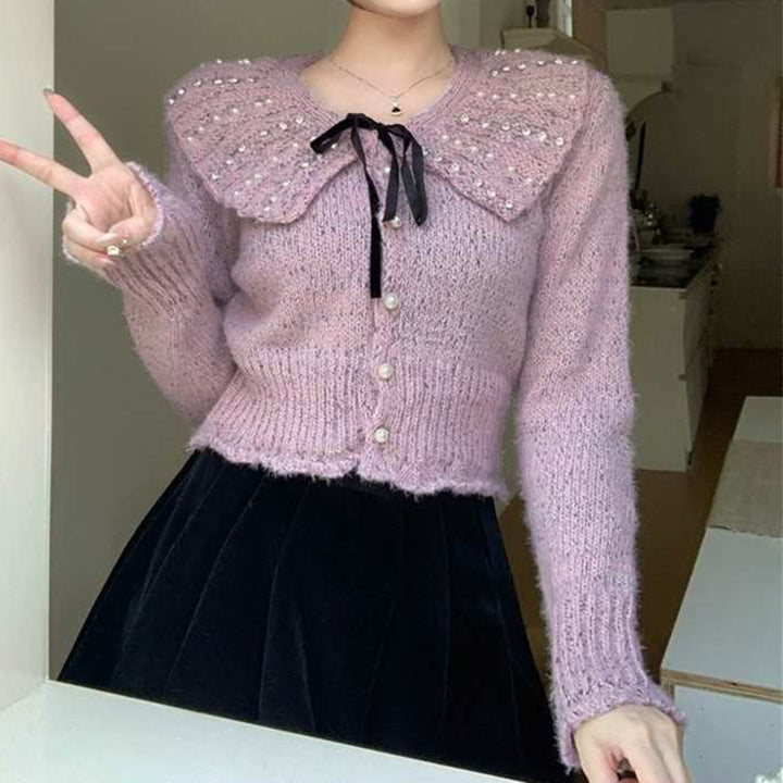 Damer Elegant Strik Top med Ruflet Krave og Dekorative Perler Stilla