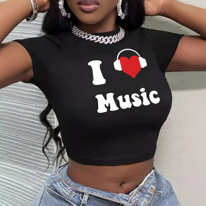 Dame Crop-T-Shirt med kunstnerisk læbemotiv og kreativt tryk Skovae