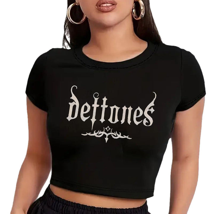 Dame Crop-T-Shirt med animalistisk læbe motiv og iøjnefaldende skrift Skovae