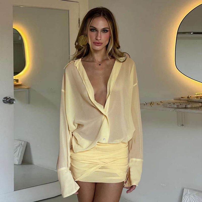 Dame Chiffon Bluse med rynket mini nederdel Skovae